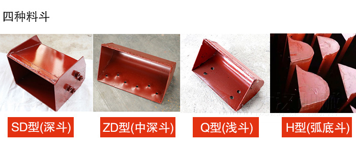 四种料斗Q型(浅斗)、H型(弧底斗)、ZD型(中深斗)SD型(深斗)展示图