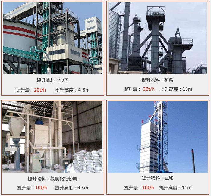 斗式提升机用户使用现场图片：提升沙子提升量：20t/h提升高度：4-5m提升物料：矿粉提升量：20t/h提升高度：13m提升物料：氢氧化铝粉料 提升量：10t/h提升高度：4-5m提升物料：豆粕提升量：10t/h提升高度：11m